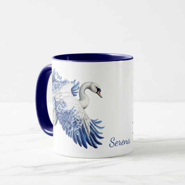 Flying Blue Schwan Florales Monogramm Tasse (Vorderseite Links)