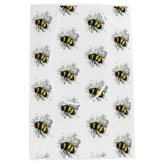 Flying Bumble BEE, Freehand Digital Drawing Insect Mittlere Geschenktüte (Vorderseite)