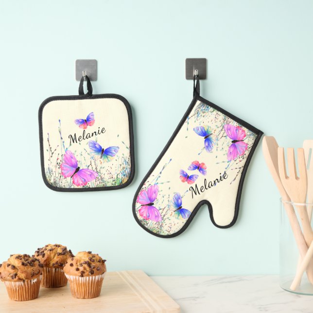 Flying Butterflies Individuelle Name Personalisier Ofenhandschuh & Topflappen-Set (Insitu (Hängend))