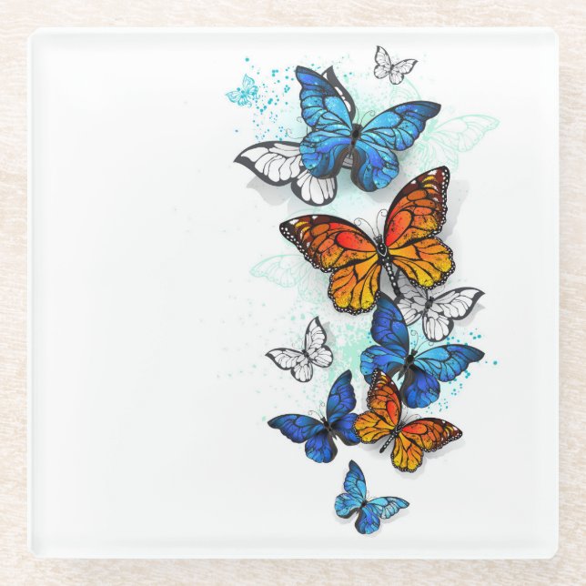 Flying Butterflies Morpho und Monarch Glasuntersetzer (Vorderseite)