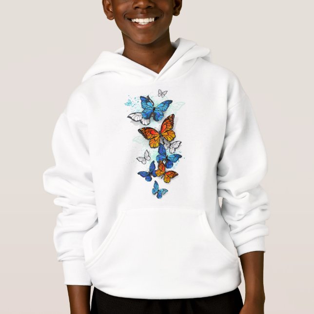 Flying Butterflies Morpho und Monarch Hoodie (Vorderseite)