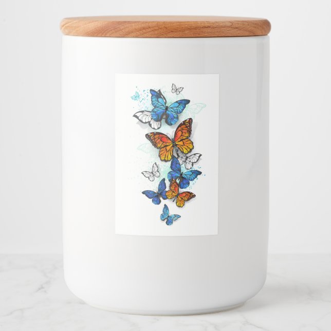 Flying Butterflies Morpho und Monarch Lebensmitteletikett (Vorderseite)