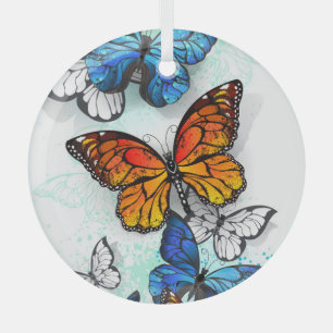 Flying Butterflies Morpho und Monarch Ornament Aus Glas