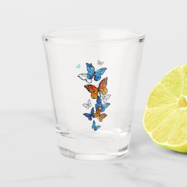 Flying Butterflies Morpho und Monarch Schnapsglas (Vorderseite)