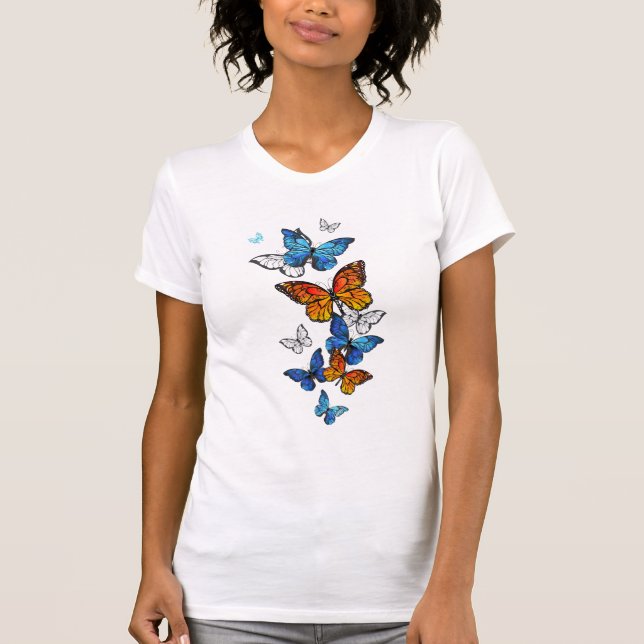 Flying Butterflies Morpho und Monarch T-Shirt (Vorderseite)