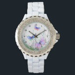 Flying Butterflies Watch Armbanduhr<br><div class="desc">Uhren mit Spring Joy - Farbenfrohe Schmetterlinge fliegen in der Natur Wasserfarbe Schmetterling und Blume beobachten - Anpassbar - oder wählen / Ihren Lieblingstext hinzufügen / Farbe - Machen Sie Ihr einzigartiges Geschenk - Vergrössern und verschieben oder entfernen und fügen Sie Elemente mit dem Anpassungs-Tool hinzu! - Zeichn und Design...</div>
