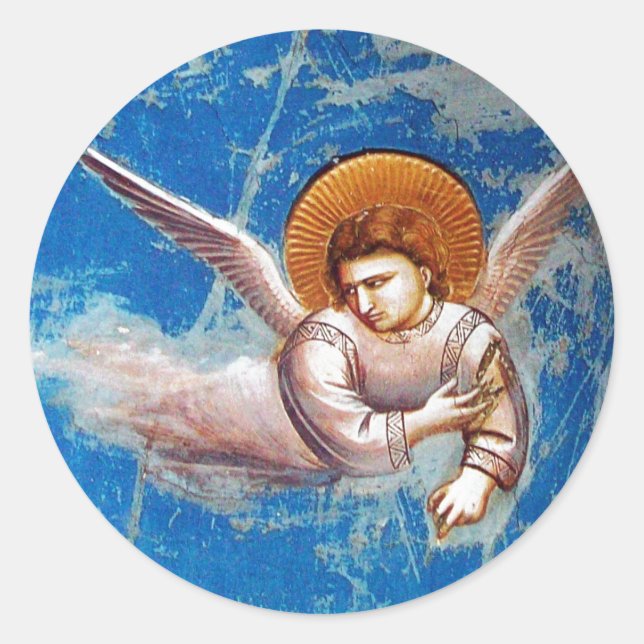 FLYING CHRISTMAS ANGEL IN BLUE SKY, FERIENPARTEI RUNDER AUFKLEBER (Vorderseite)
