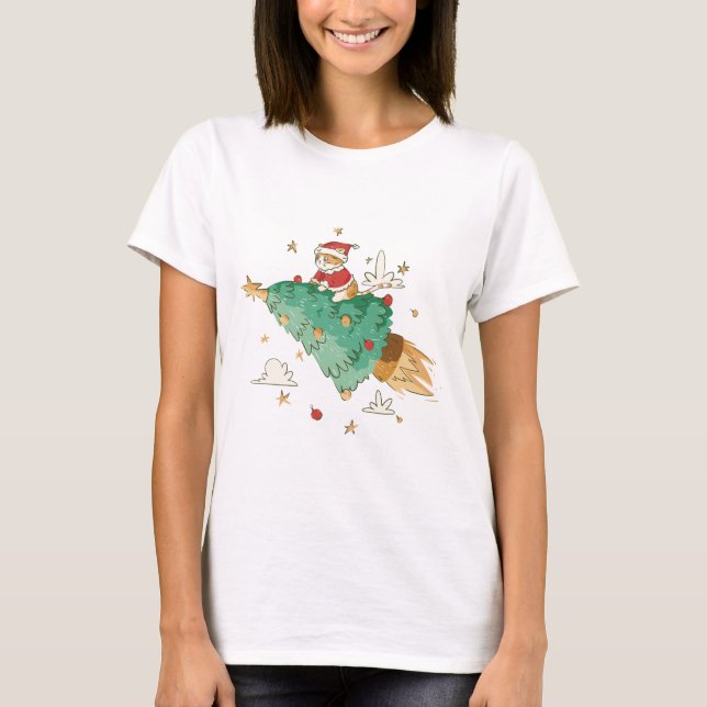 Flying Christmas Tree Père Noël Cat T-Shirt (Devant)