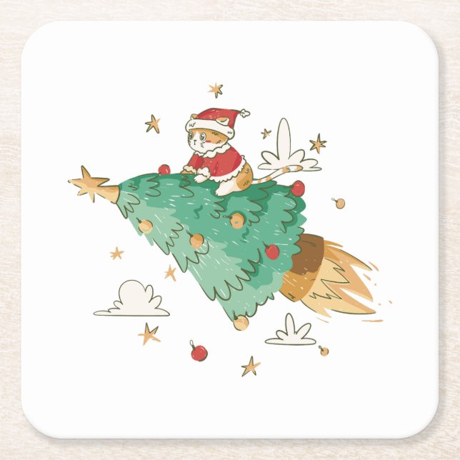 Flying Christmas Tree Santa Cat Rechteckiger Pappuntersetzer (Vorderseite)