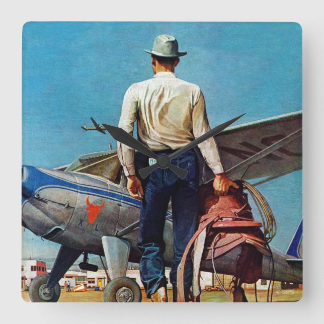 Flying Cowboy von Mead Schäffer Quadratische Wanduhr (Vorderseite)