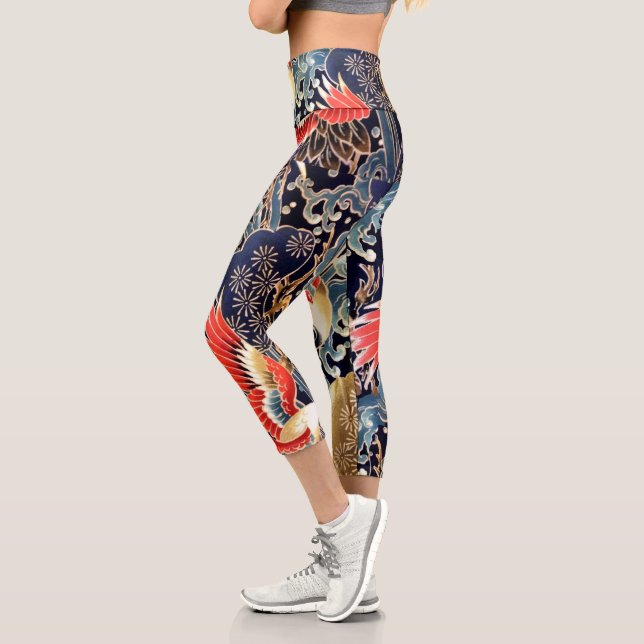 FLYING CRANES WELLEN, FRÜHSTÜCKE BLUMEN, Japanisch Capri Leggings (Links)