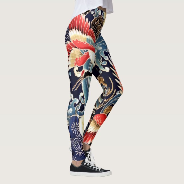 FLYING CRANES WELLEN, FRÜHSTÜCKE BLUMEN, Japanisch Leggings (Rechts)