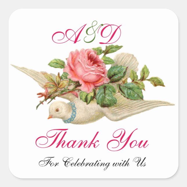 FLYING DOVE MIT PINK ROSE Danke Monogram Quadratischer Aufkleber (Vorderseite)