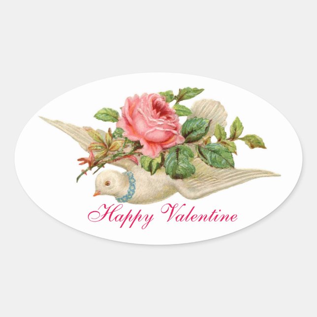 FLYING DOVE MIT PINK ROSE VALENTINE OVALER AUFKLEBER (Vorderseite)