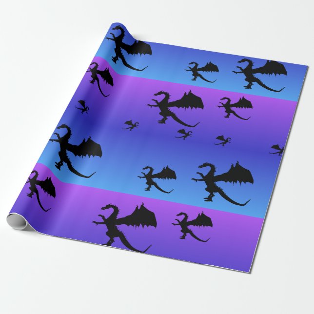 Flying Dragon Silhouette Lila Blue Geschenkpapier (Ungerollt)