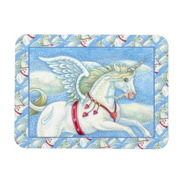 FLYING HEARS WHITE UNICORN, FANTASY PEGASUS MAGNET (Horizontal)