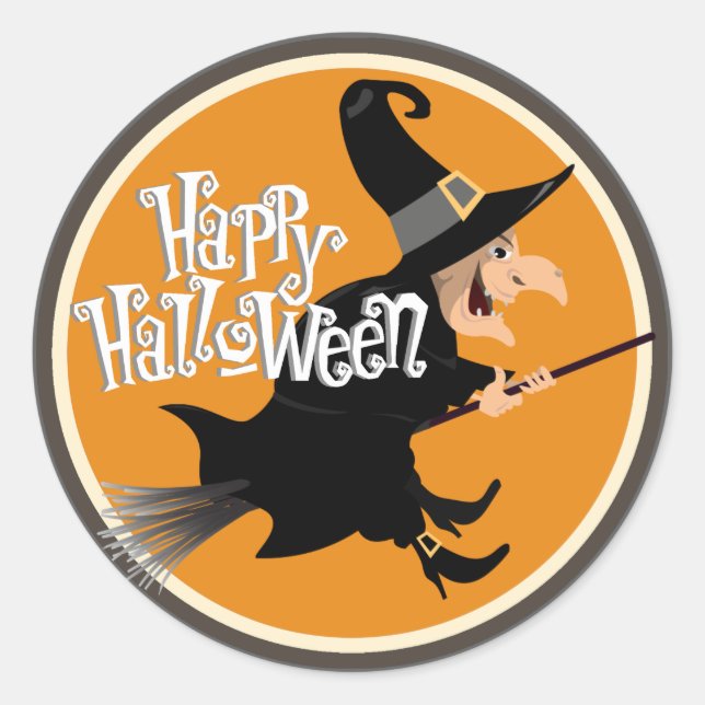 Flying Hexe auf Broom Halloween Runder Aufkleber (Vorderseite)