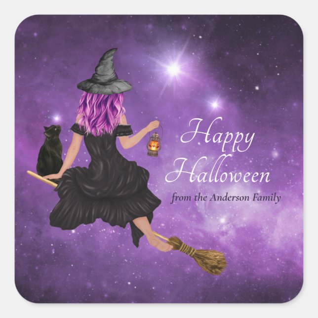 Flying Hexe Happy Halloween Personalisiert Quadratischer Aufkleber (Vorderseite)