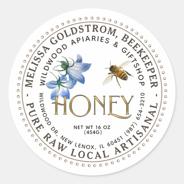 Flying Honeybee Blue Blume Artisanal Honey Runder Aufkleber (Vorderseite)