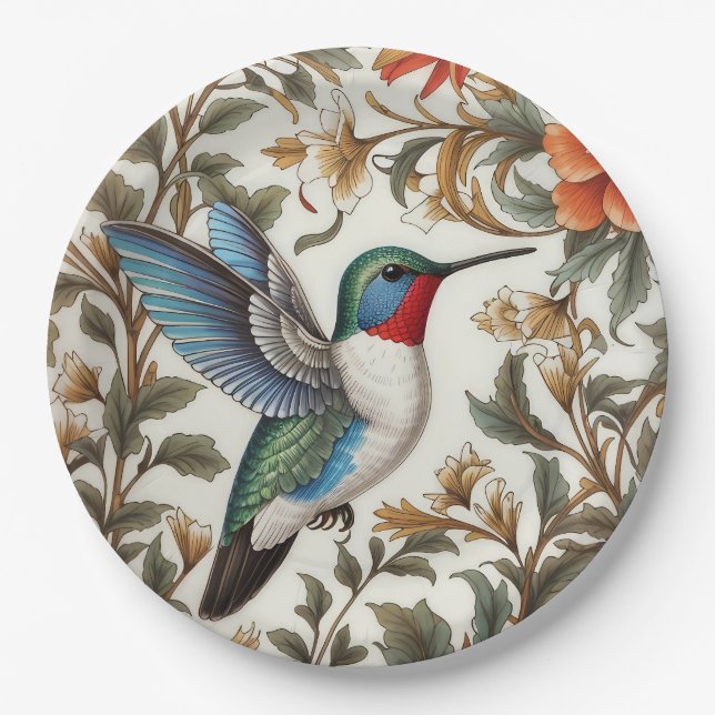Flying Hummingbird William Morris Inspired Pappteller (Vorderseite)