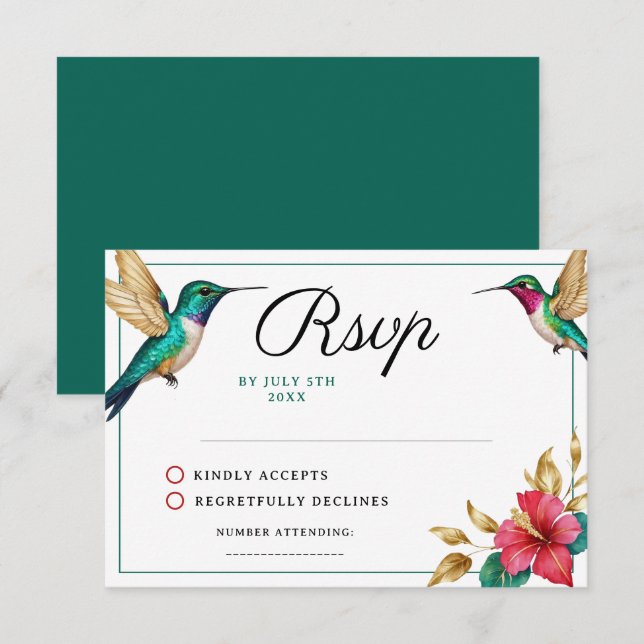 Flying Hummingbirds Red Tropical Flower Wedding RSVP Karte (Vorne/Hinten)