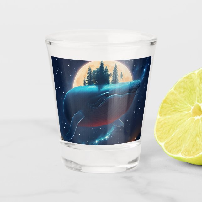 Flying Humpback Whale Moonlight Sea Starry Forests Schnapsglas (Vorderseite)