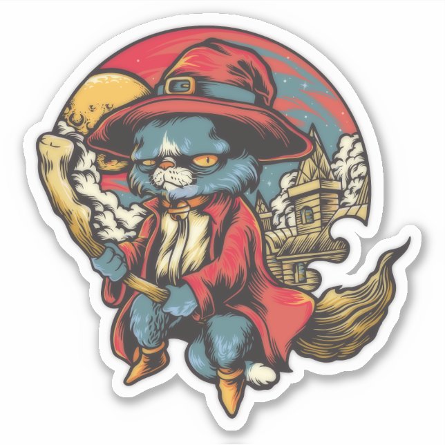 Flying Kitty Cat Witch Illustration Aufkleber (Vorderseite)