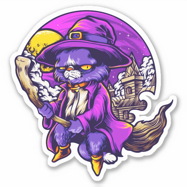 Flying Kitty Cat Witch Illustration Aufkleber (Vorderseite)