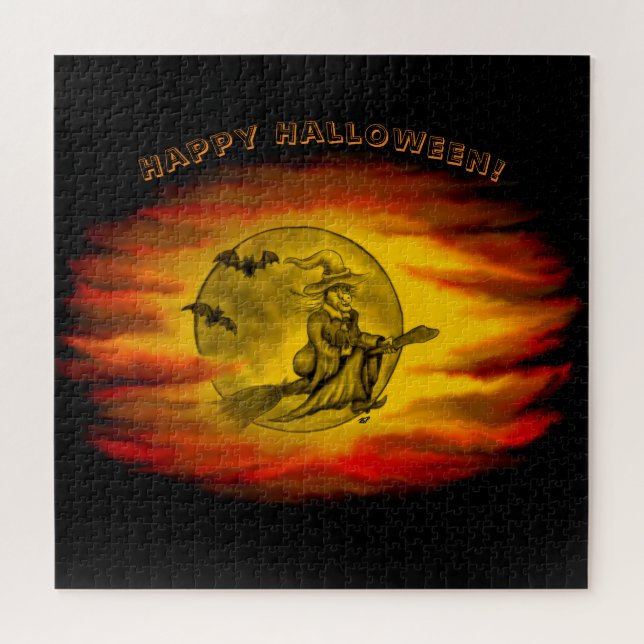 Flying mit schwarzer Katze , halloween night (Horizontal)