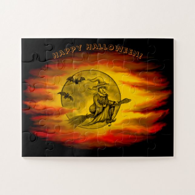 Flying mit schwarzer Katze , halloween night (Horizontal)