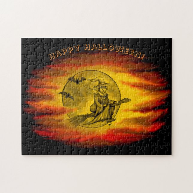 Flying mit schwarzer Katze , halloween night (Horizontal)