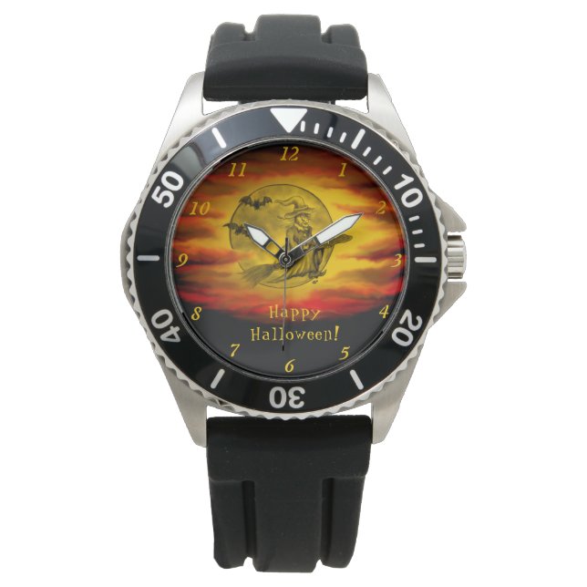 Flying mit schwarzer Katze , halloween night Armbanduhr (Vorderseite)