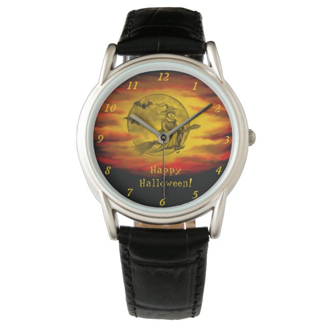 Flying mit schwarzer Katze , halloween night Armbanduhr (Vorderseite)