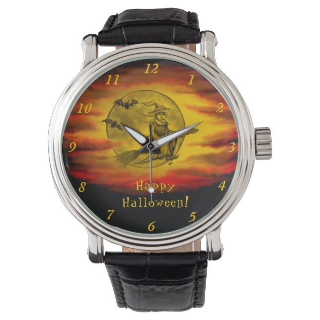 Flying mit schwarzer Katze , halloween night Armbanduhr (Vorderseite)