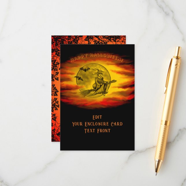 Flying mit schwarzer Katze , halloween night Begleitkarte (Vorderseite/Rückseite Beispiel)