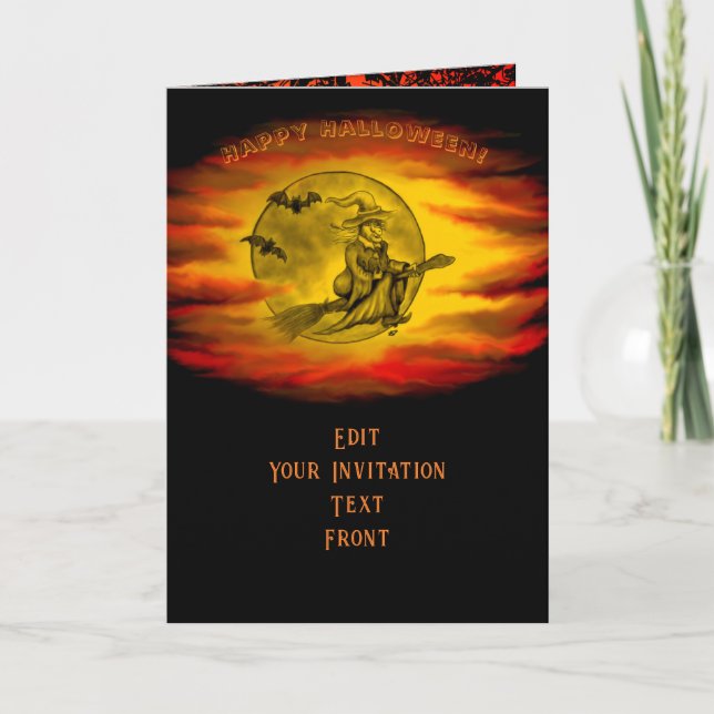 Flying mit schwarzer Katze , halloween night Einladung (Vorderseite)