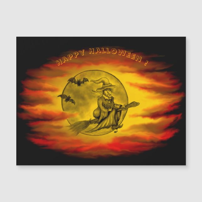 Flying mit schwarzer Katze , halloween night Magnetkarte (Vorderseite)