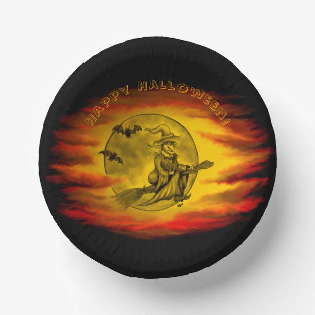Flying mit schwarzer Katze , halloween night Pappteller (Vorderseite)