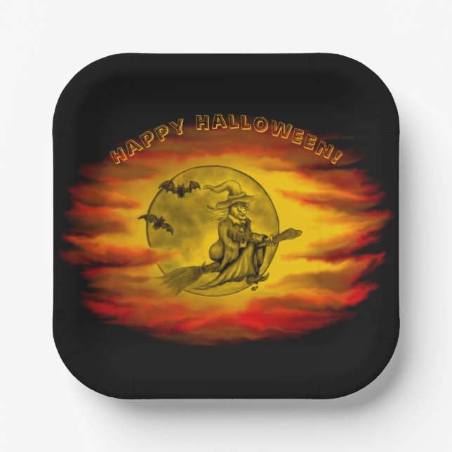 Flying mit schwarzer Katze , halloween night Pappteller (Vorderseite)