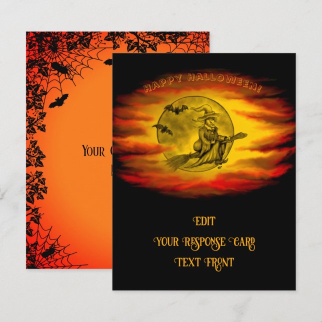 Flying mit schwarzer Katze , halloween night RSVP Karte (Vorne/Hinten)