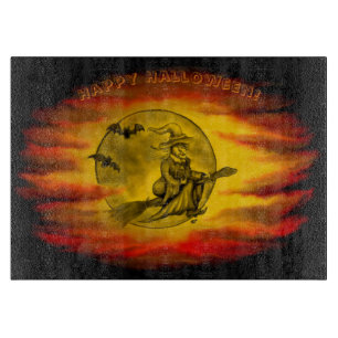 Flying mit schwarzer Katze , halloween night Schneidebrett