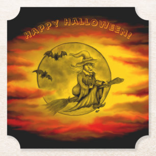 Flying mit schwarzer Katze , halloween night Untersetzer