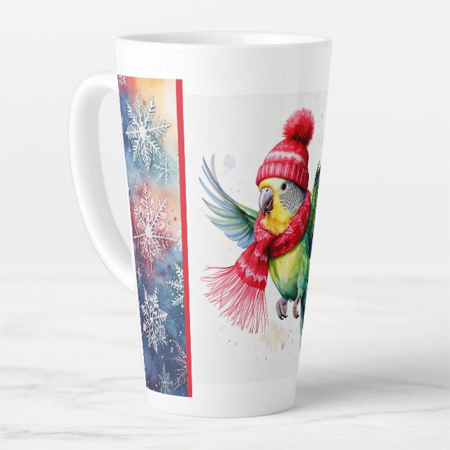 Flying Parakeet in Winter Hat und Scarf Latte Tass Milchtasse (Linke Ecke)
