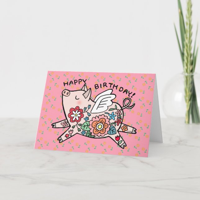 Flying Pig Niedlich Happy Birthday Angel Pig Flora Karte (Vorderseite)