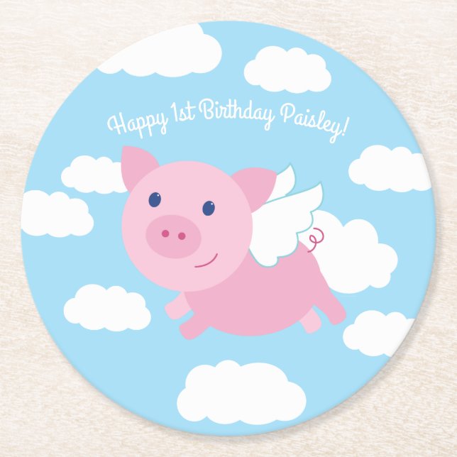 Flying Pig Niedlich Kid's Birthday Party Runder Pappuntersetzer (Vorderseite)