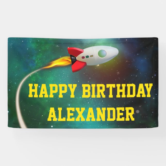 Flying Rocket Spaceship Galaxy Kindergeburtstag Pa Banner (Horizontal)