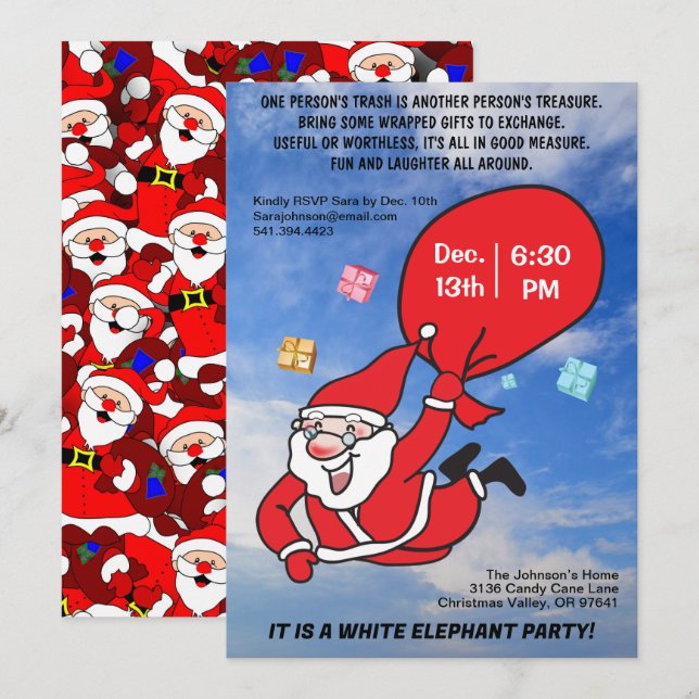 Flying Santa Blue Sky White Elephant Party Einladung (Vorne/Hinten)