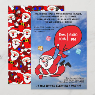 Flying Santa Blue Sky White Elephant Party Einladung