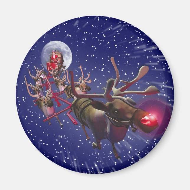 Flying Santa Claus Red Nosed Rentier Magnet (Vorne)