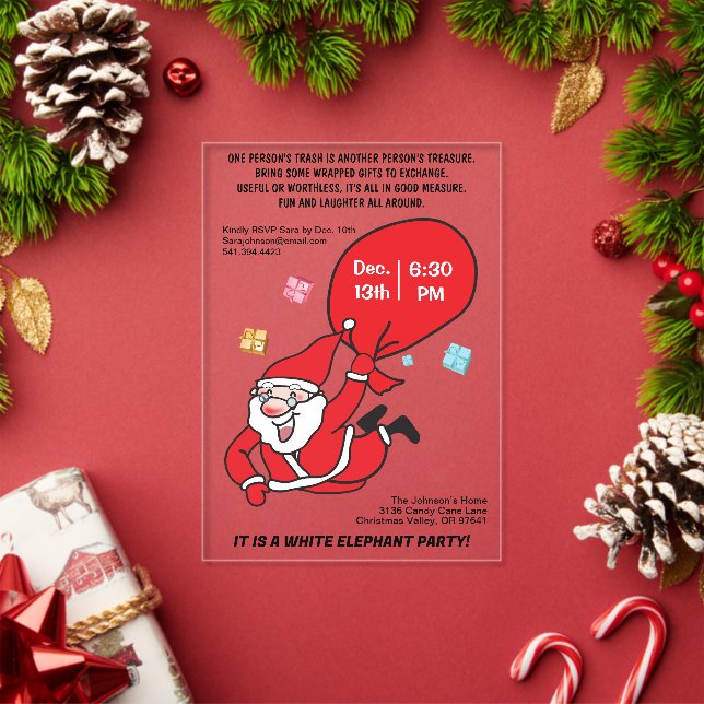 Flying Santa Red Bag Weißes Elephant-Party Acryleinladungen (Insitu (Feiertag))